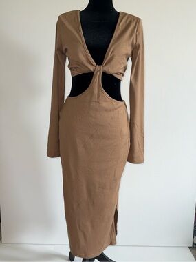 Angel Biba Mocha Cutout Tie Front Long Sleeve Midi Dress L